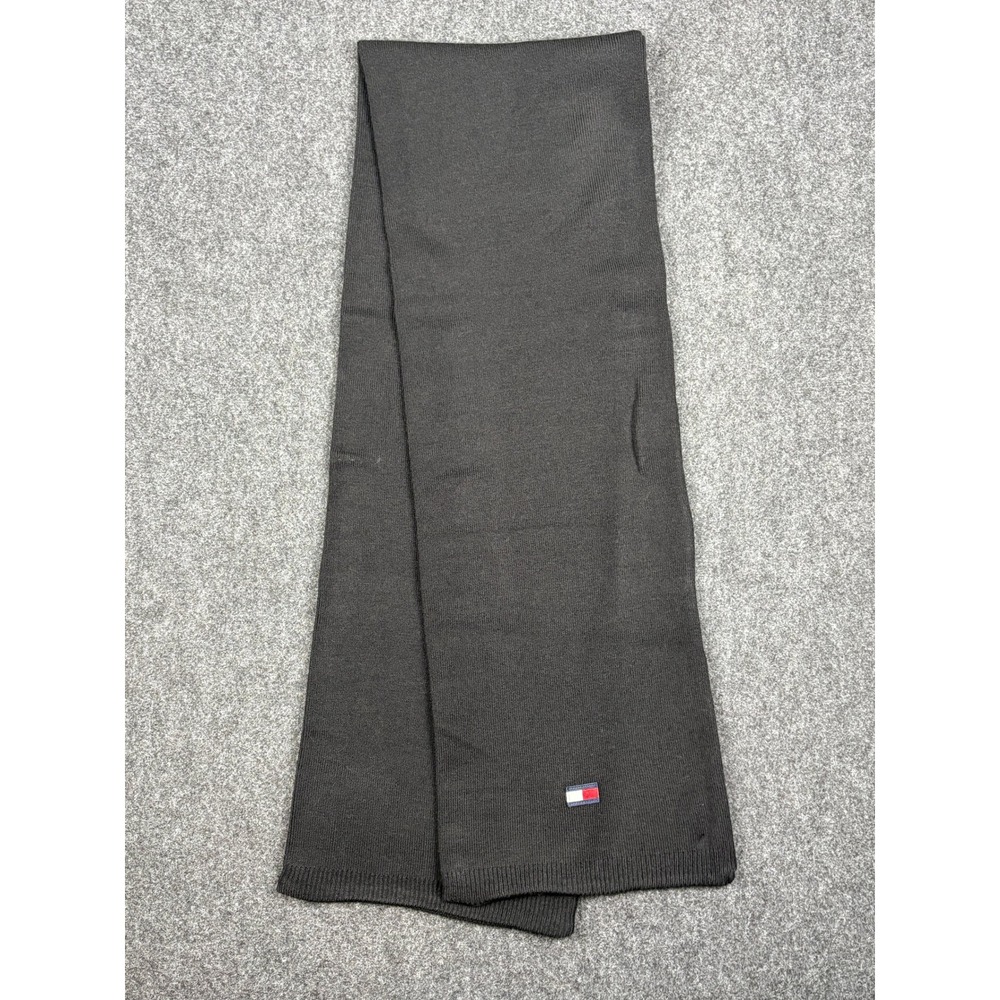Tommy Hilfiger Mens Knit Scarf Charcoal Grey Black Embroidered Flag Logo